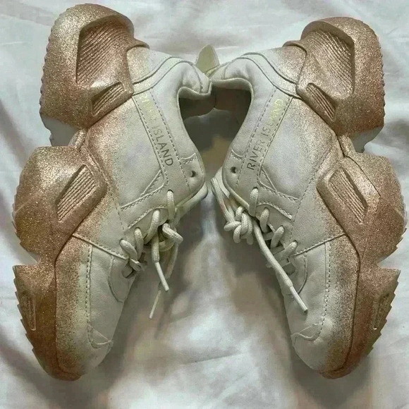 River Island Lace Up Glitter Chunky Style Trainers Sneaker Size 1 White Gold - Picture 11 of 14